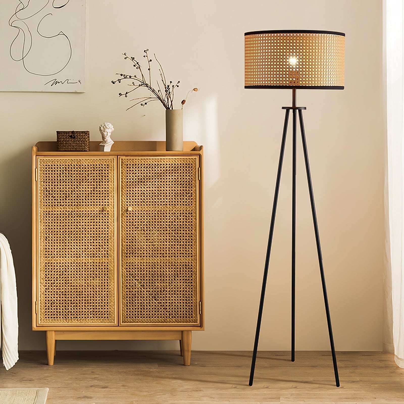 Lampe sur trépied moderne en rotin | Fait à la main et économe en énergie