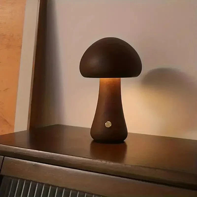 Lampe de table sans fil Mushglow en forme de champignon | Bois et mousse, réglage de la luminosité, USB, rechargeable