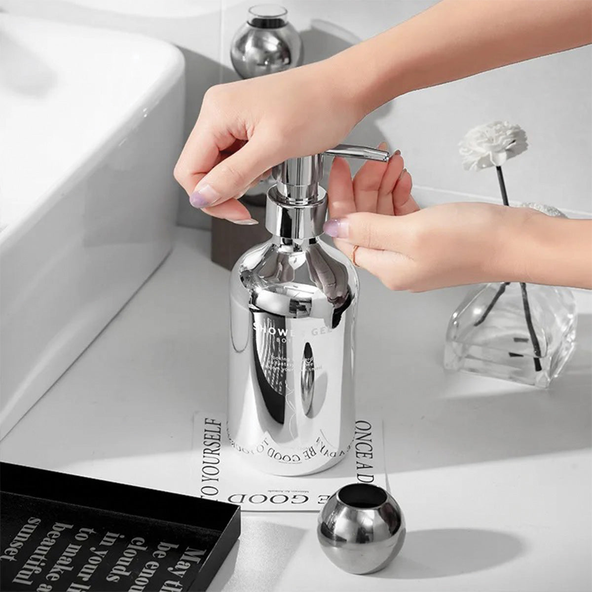 Ensemble de pompe à savon en chrome | Design moderne, accessoire de salle de bain élégant