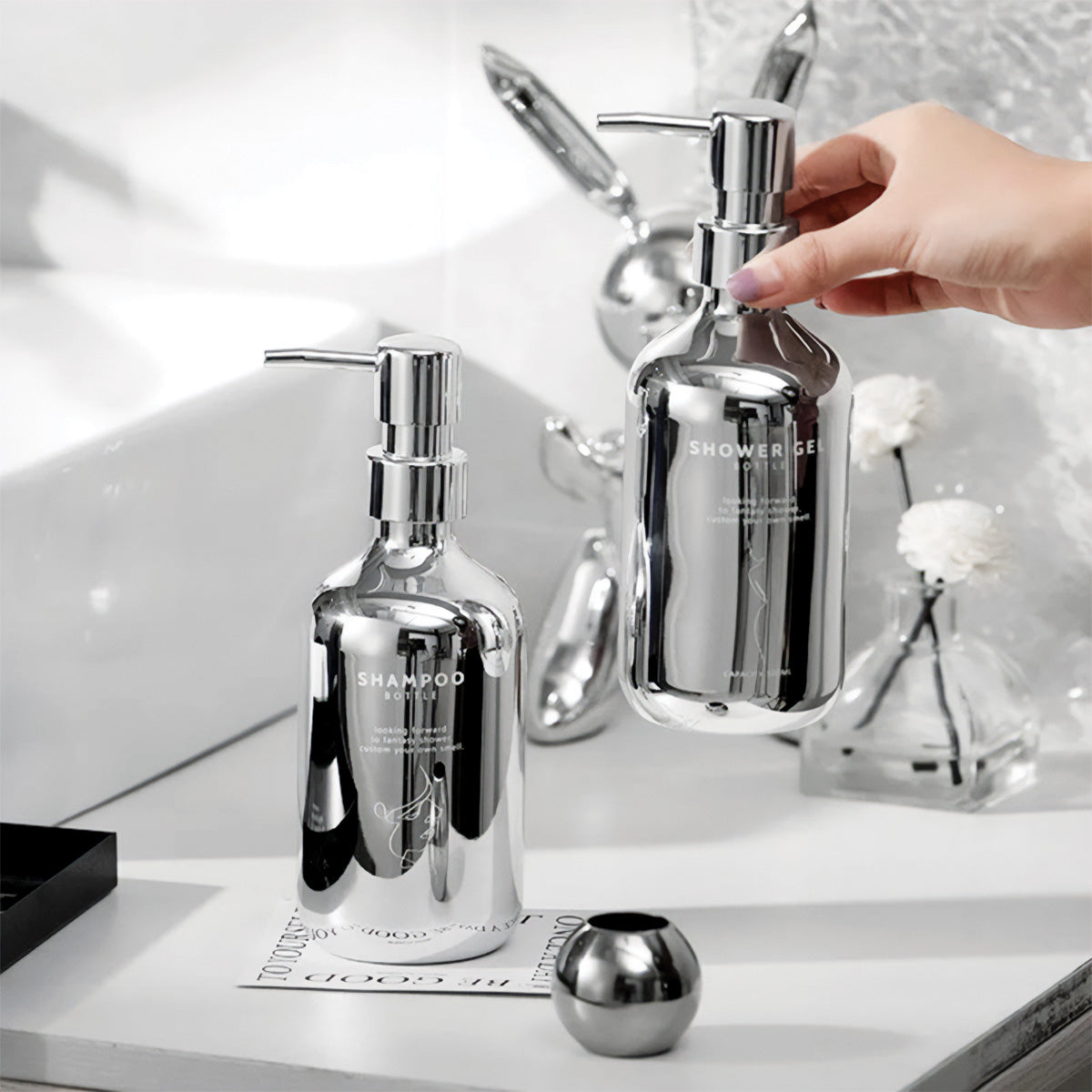 Ensemble de pompe à savon en chrome | Design moderne, accessoire de salle de bain élégant