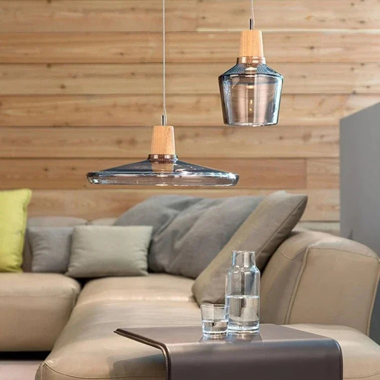 Luminaires suspendus en verre nordique moderne | Transparent et ambre avec base en bois