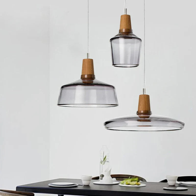 Luminaires suspendus en verre nordique moderne | Transparent et ambre avec base en bois