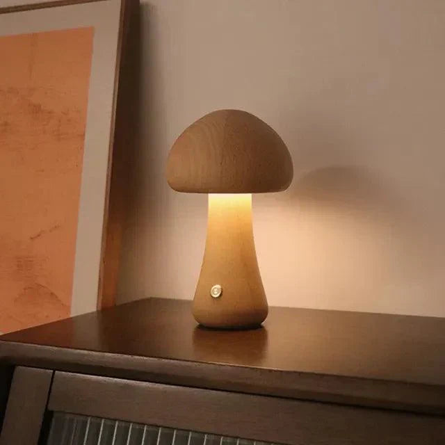 Lampe de table sans fil Mushglow en forme de champignon | Bois et mousse, réglage de la luminosité, USB, rechargeable