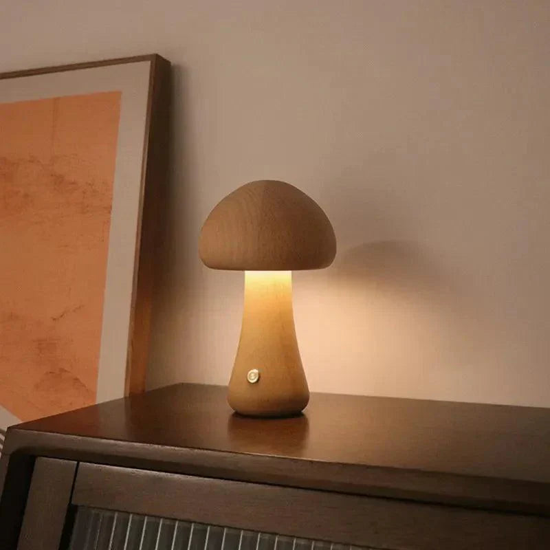Lampe de table sans fil Mushglow en forme de champignon | Bois et mousse, réglage de la luminosité, USB, rechargeable