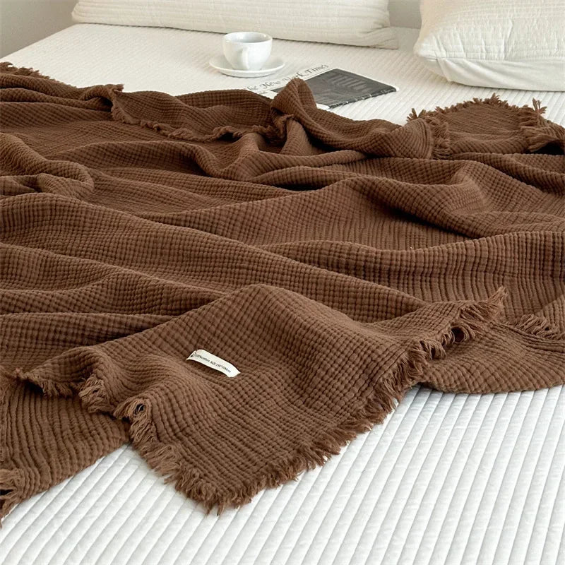 Couverture à franges | Plaid en coton de couleur unie pour canapé