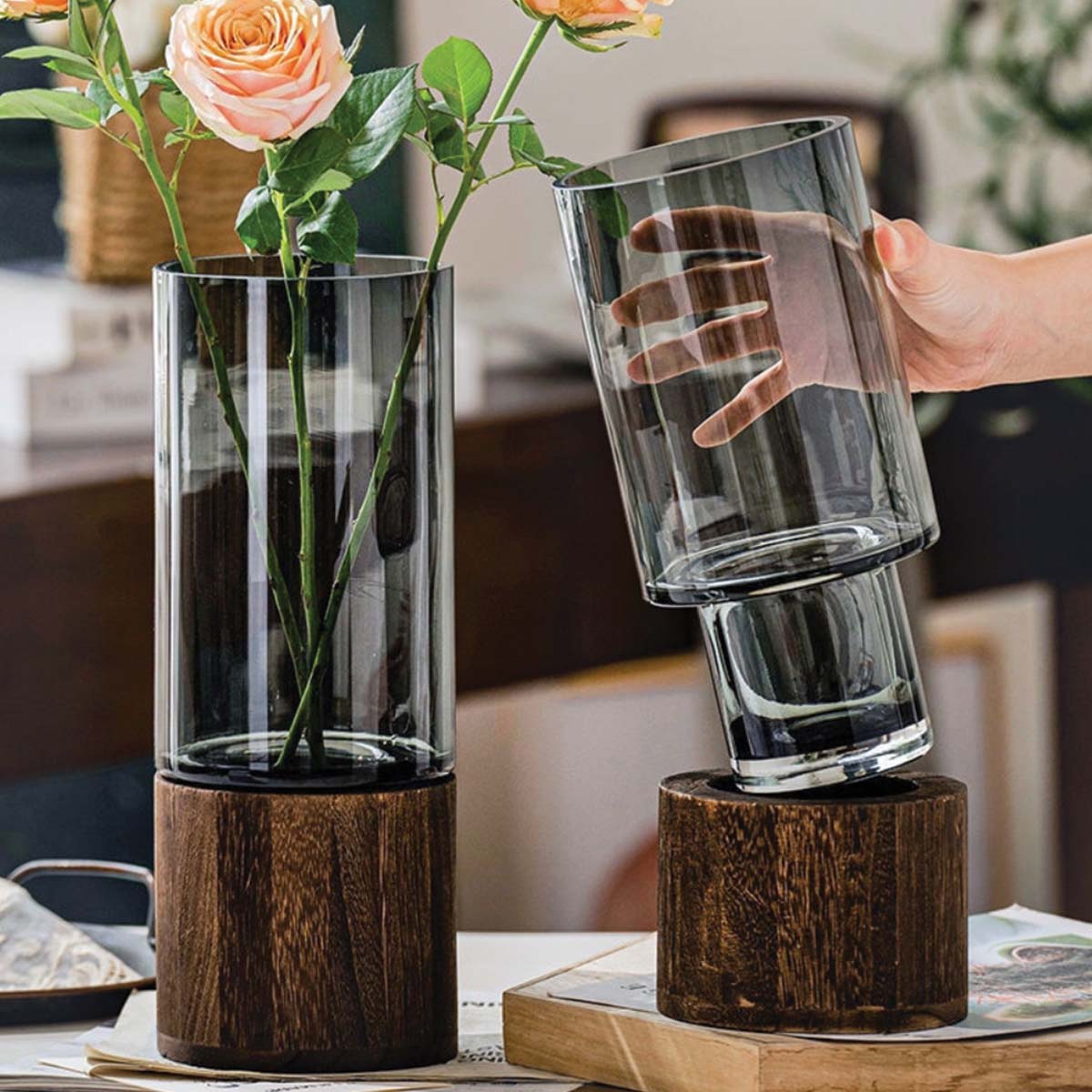 Vases à fleurs en verre et en bois | Vases décoratifs élégants