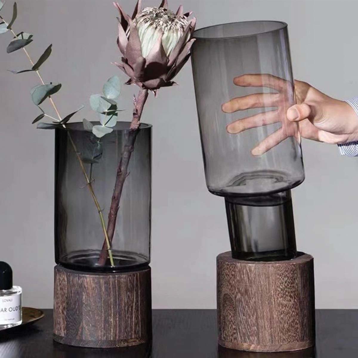 Vases à fleurs en verre et en bois | Vases décoratifs élégants