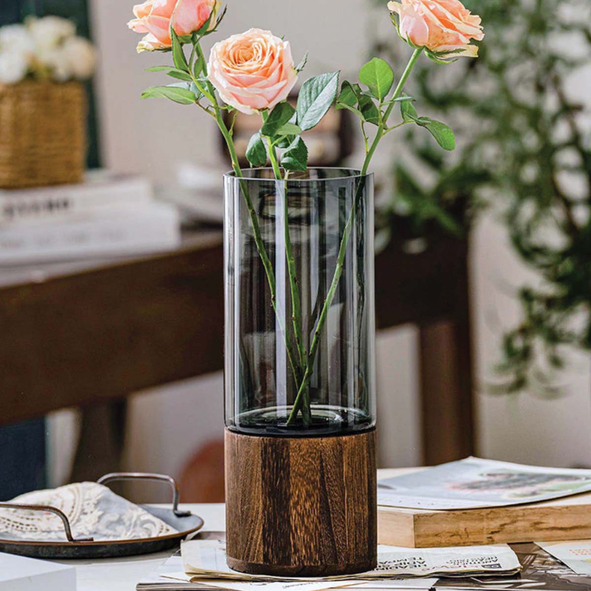 Vases à fleurs en verre et en bois | Vases décoratifs élégants