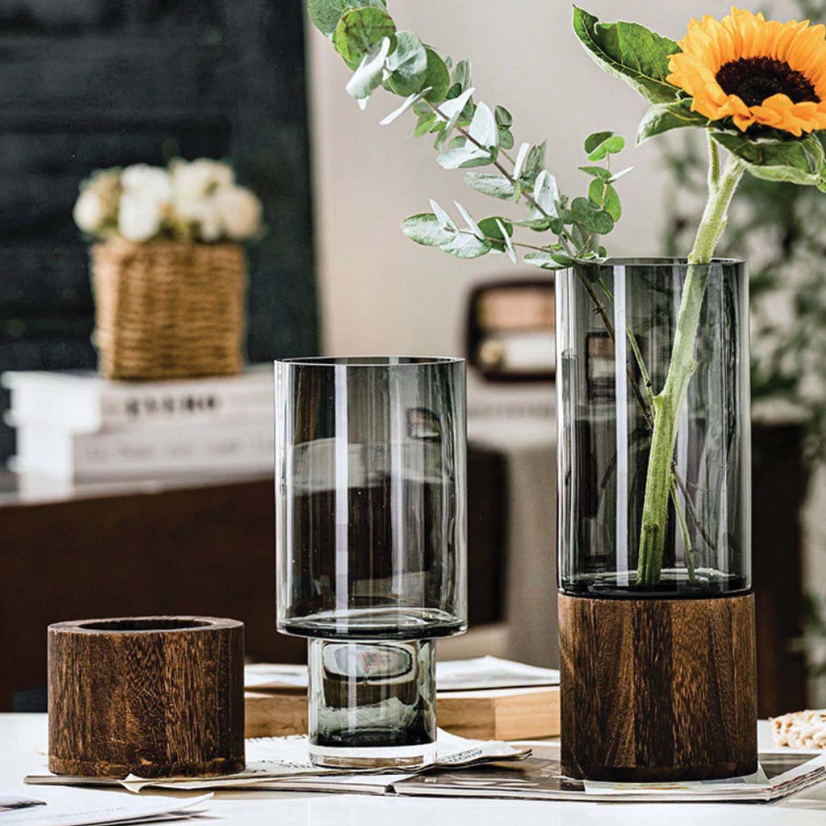 Vases à fleurs en verre et en bois | Vases décoratifs élégants