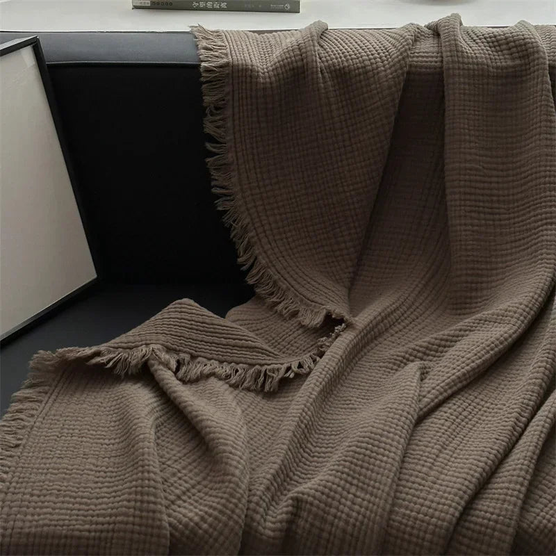 Couverture à franges | Plaid en coton de couleur unie pour canapé