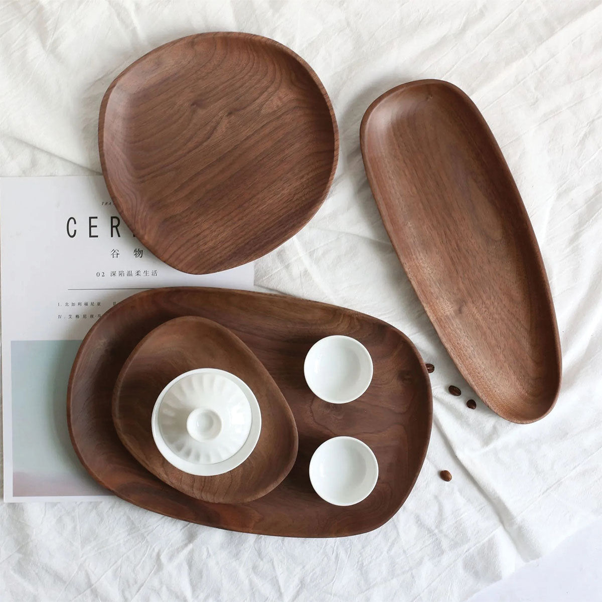 Ensemble de plateaux en noyer et acacia | Plateaux en bois élégants pour un service chic