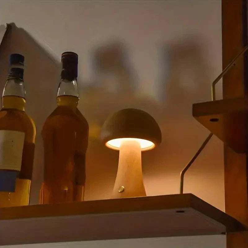 Lampe de table sans fil Mushglow en forme de champignon | Bois et mousse, réglage de la luminosité, USB, rechargeable