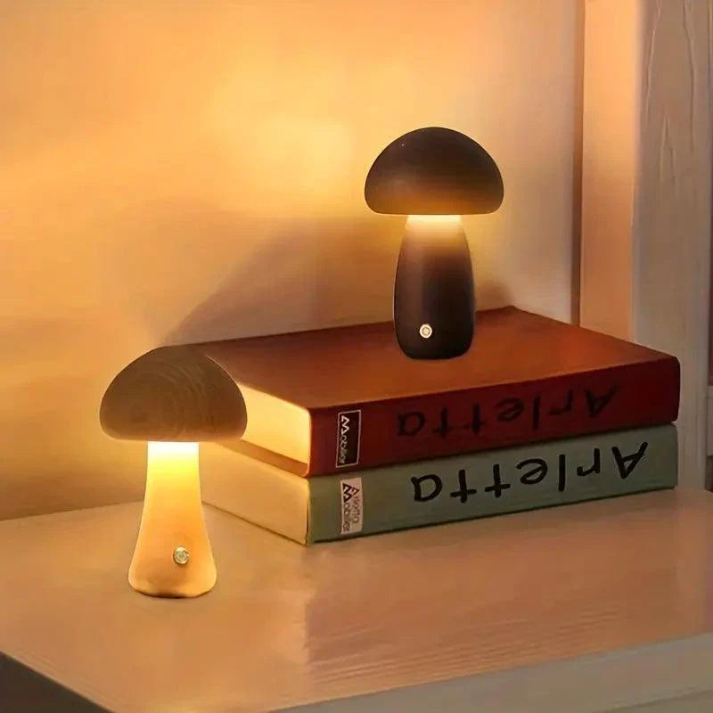Lampe de table sans fil Mushglow en forme de champignon | Bois et mousse, réglage de la luminosité, USB, rechargeable