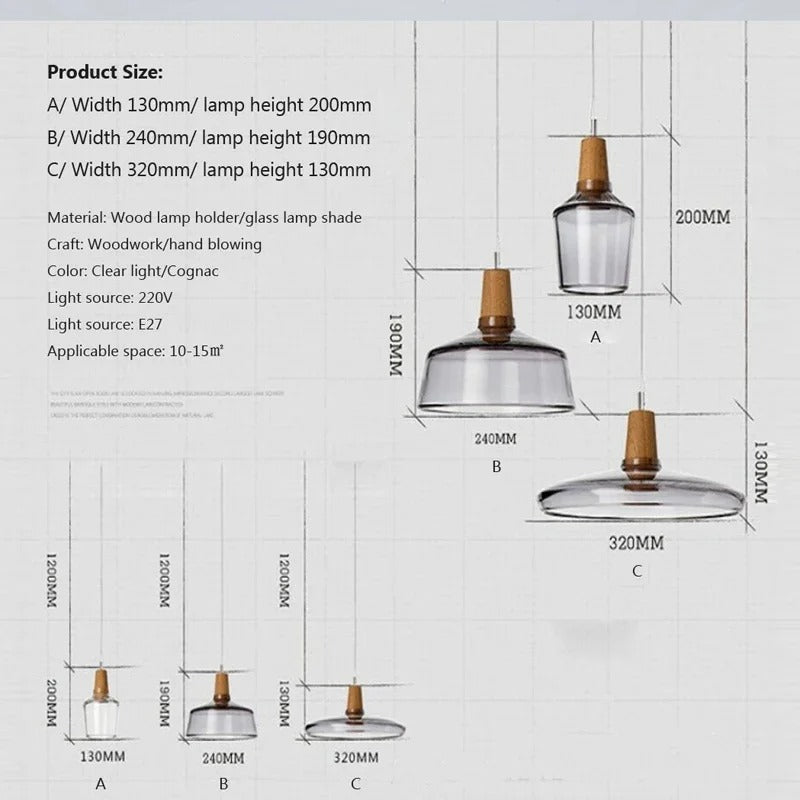 Luminaires suspendus en verre nordique moderne | Transparent et ambre avec base en bois
